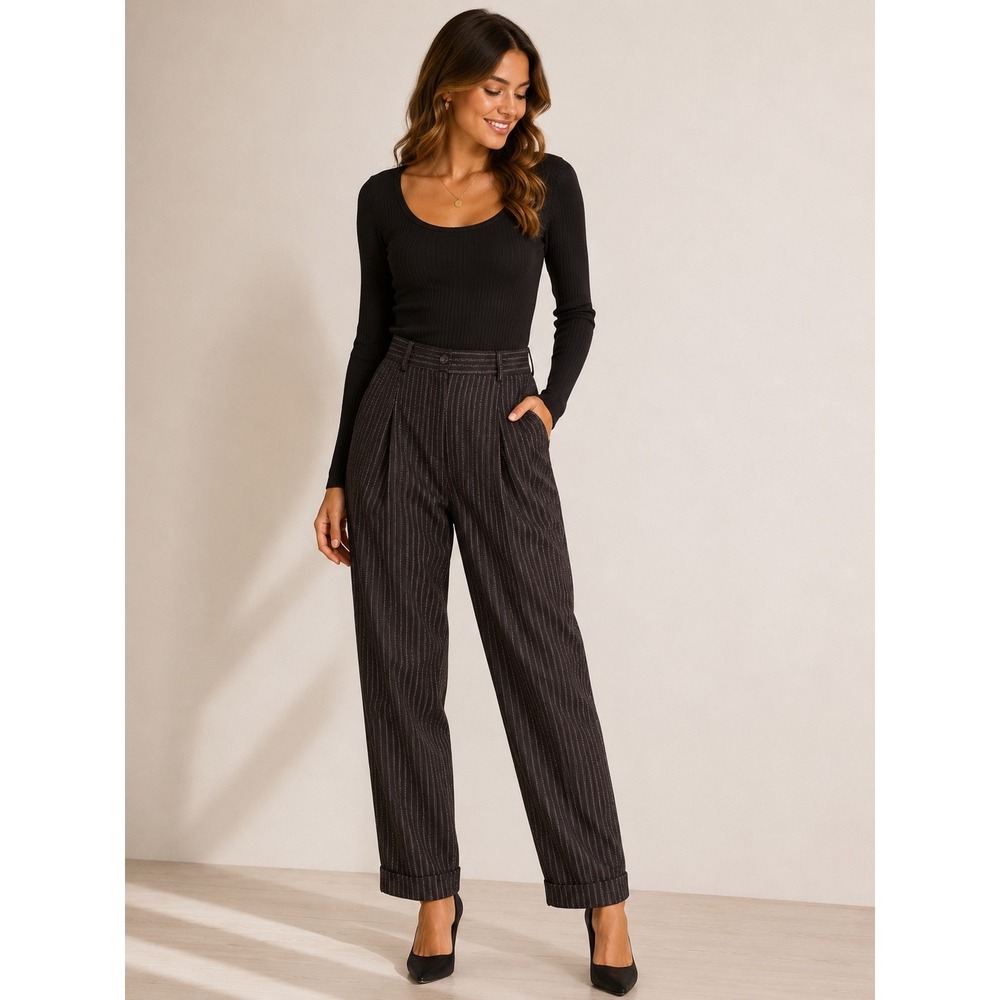 Vintage Express Pinstripe Pleated Trousers Brown High Rise Tapered Pants 9/10